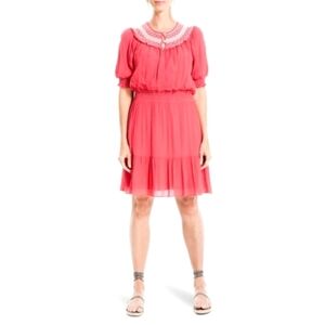 Max Studio Short Puff Sleeve Keyhole Neck Smocked Waist Dress Watermelon - sz XL